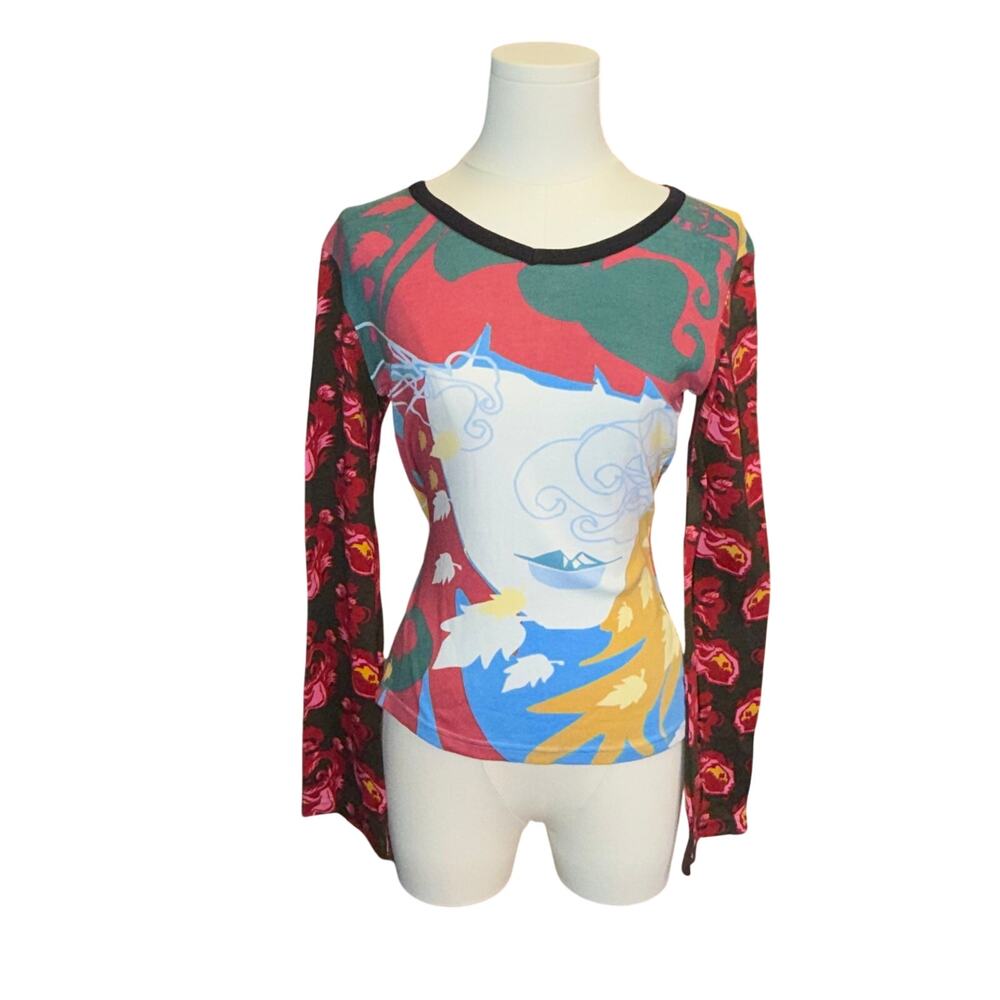 Vintage Hayes Spanish  Graphic Portrait Top Long Sleeve Multi Color NWT Med
